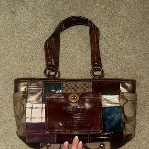 Coach Patchwork Tote Bag - Brown, Green, and Gold